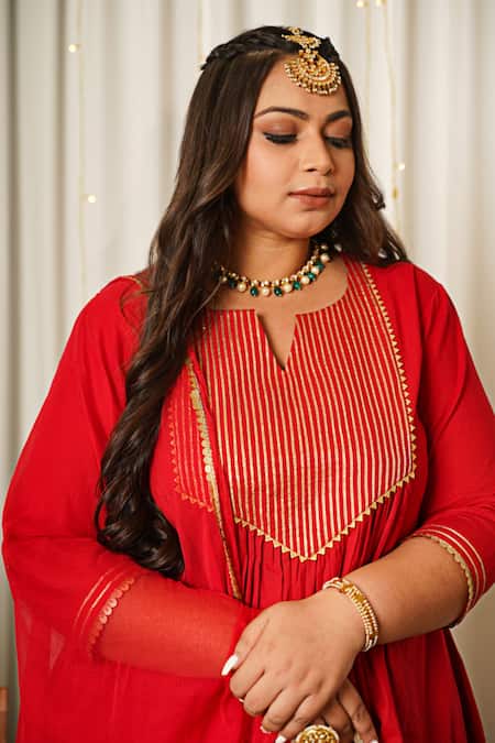 Shop_Ruchira Nangalia_Red Cotton, Chiffon Gota Patti, Sequins Split V-neck Work Kurta Set 