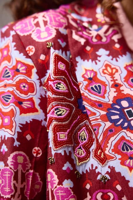 Buy_Betrue_Red Handloom Cotton, Silk Embroidery Kashan Print Blazer _Online_at_Aza_Fashions
