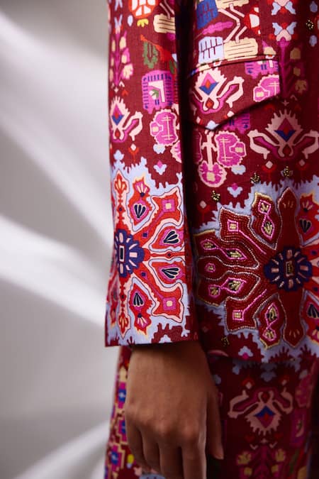 Shop_Betrue_Red Handloom Cotton, Silk Embroidery Kashan Print Blazer _Online_at_Aza_Fashions