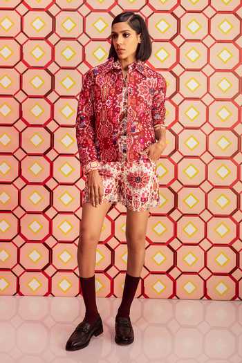 Shop_Betrue_Red Handloom Cotton, Silk Embroidery Collared Kashan Print Quilted Jacket _Online_at_Aza_Fashions