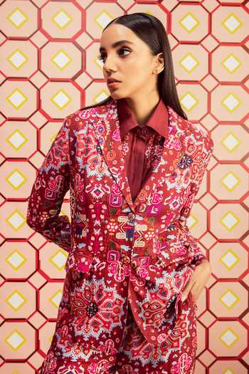 Betrue_Red Handloom Cotton Fringe Collared Kashan Print Double Breasted Jacket _Online_at_Aza_Fashions