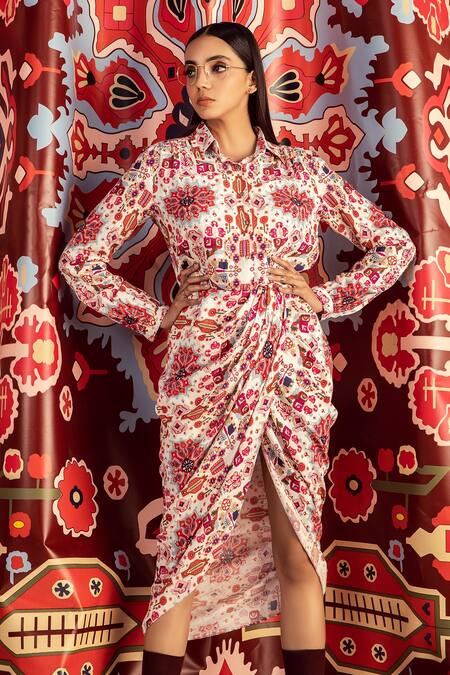 Betrue_White Handloom Cotton Embroidery Collared Kashan Print Crossover Draped Dress _Online_at_Aza_Fashions