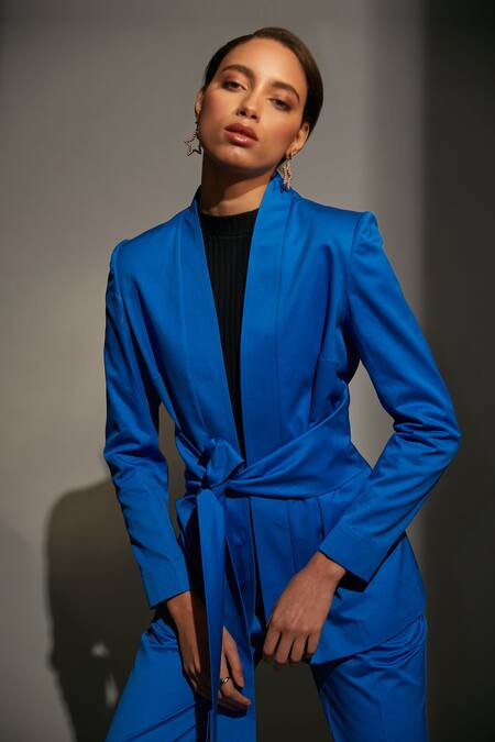 Betrue_Blue Cotton Satin Wrap Blazer And Pant Set _Online_at_Aza_Fashions
