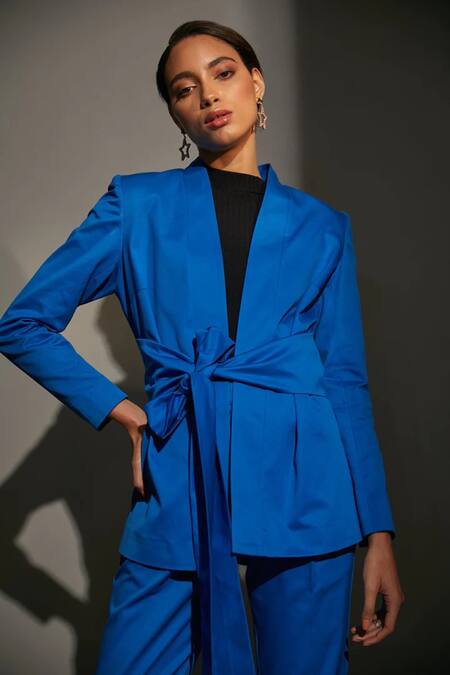Buy Betrue Blue Cotton Satin Wrap Blazer And Pant Set Online at Aza Fashions Buy_Betrue_Blue Cotton Satin Wrap Blazer And Pant Set _Online_at_Aza_Fashions