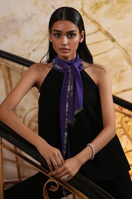 Buy_Label Ruhbab_Black Premium Micro-poly Blend Embroidery Bugle Beads Halter Neck Top And Pant Set _Online_at_Aza_Fashions