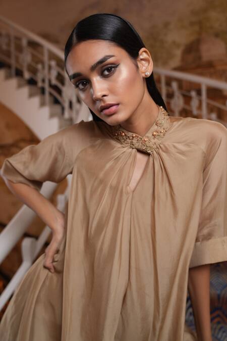 Label Ruhbab_Beige Silk, Chiffon, Viscose Pearls, Sequins Embroidered Collar Draped Top _Online_at_Aza_Fashions