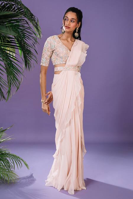 Pritika Vora_Peach Organza Silk Embroidered Crystals Pre Draped Ruffle Saree With Blouse Set_Online_at_Aza_Fashions