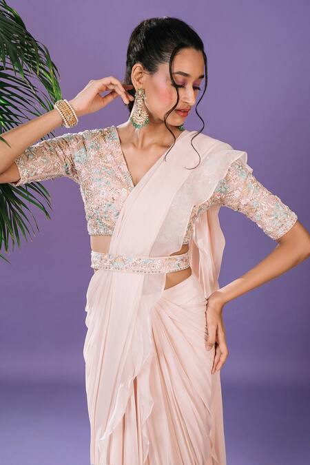 Buy_Pritika Vora_Peach Organza Silk Embroidered Crystals Pre Draped Ruffle Saree With Blouse Set_Online_at_Aza_Fashions
