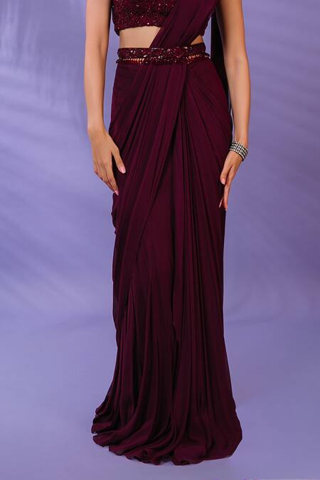 Shop_Pritika Vora_Maroon Saree  Georgette Embroidered Thread Sweetheart Neck Pre-draped Set_Online_at_Aza_Fashions