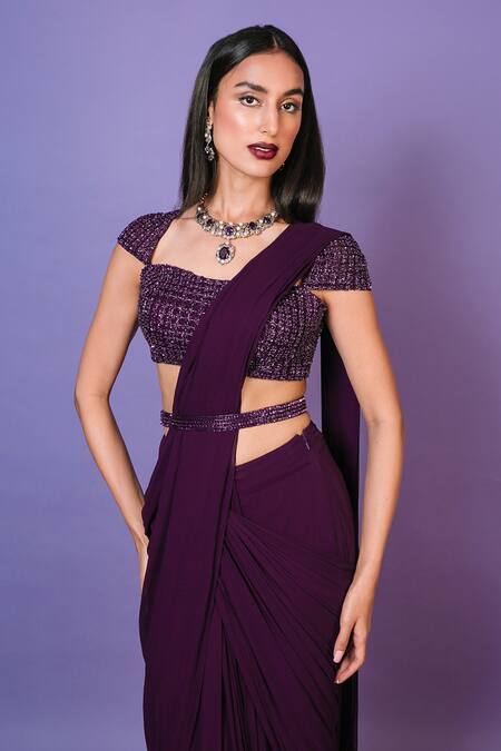 Pritika Vora_Purple Saree  Georgette Embroidered Beads Square Neck Pre-draped Set_Online_at_Aza_Fashions