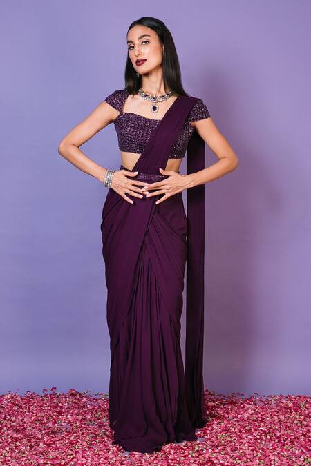 Buy_Pritika Vora_Purple Saree  Georgette Embroidered Beads Square Neck Pre-draped Set_Online_at_Aza_Fashions