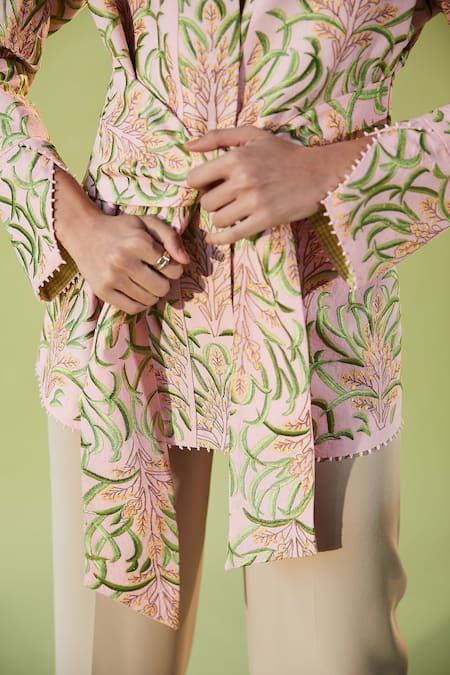 Betrue_Pink Linen Beads Foliage Embroidered Wrap Blazer _Online_at_Aza_Fashions