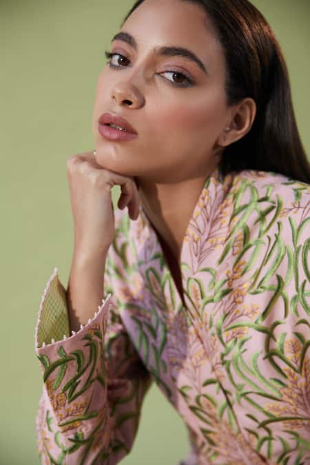 Buy_Betrue_Pink Linen Beads Foliage Embroidered Wrap Blazer _Online_at_Aza_Fashions