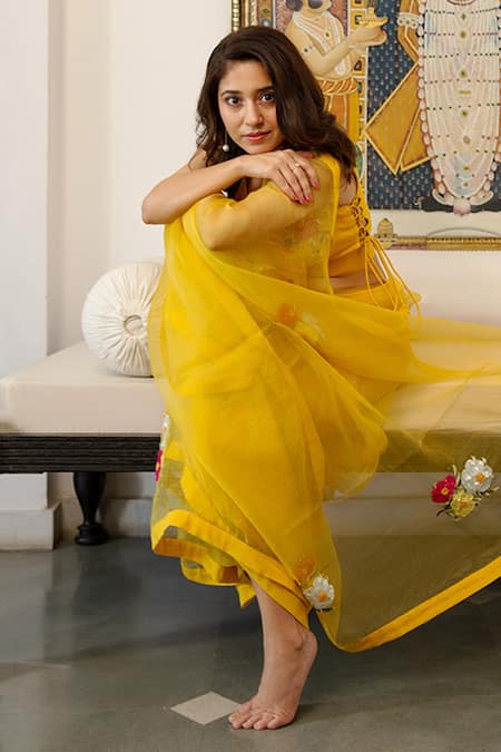 Buy_Peeli Dori_Yellow Blouse  Cotton Satin, Saree  Silk Organza Floral Hand Embroidered Set _Online_at_Aza_Fashions