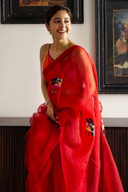 Buy_Peeli Dori_Red Saree  Silk Organza Embroidered Resham Halter Hand Set _Online_at_Aza_Fashions