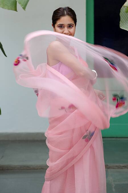 Buy_Peeli Dori_Pink Blouse  Cotton Satin, Saree  Silk Organza Resham Motif Embroidered Set_Online_at_Aza_Fashions