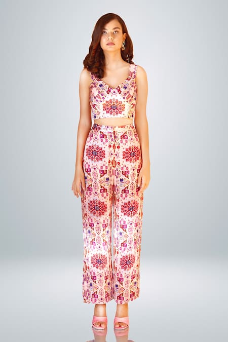 Buy_Betrue_Pink Satin, Silk Embroidery Kashan Print Wide Legged Pant _Online_at_Aza_Fashions