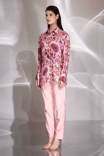Betrue_Pink Satin, Silk Embroidery Collared Floral Print Shirt _Online_at_Aza_Fashions