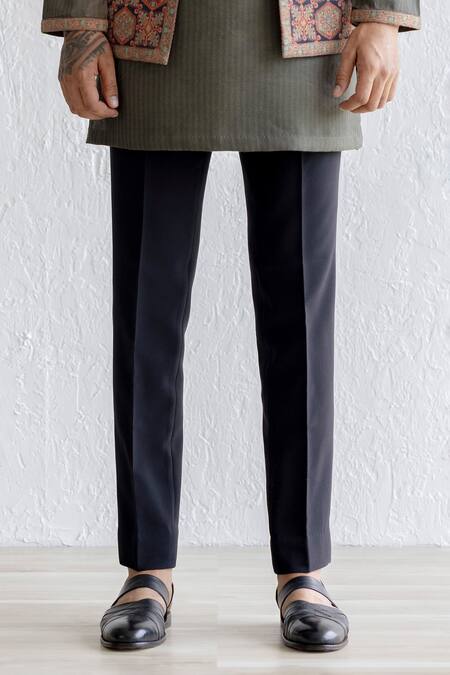 Qbik_Black Kurta Matka Silk, Nehru Jacket Embroidered Kashmiri, Juil And Set_Online_at_Aza_Fashions