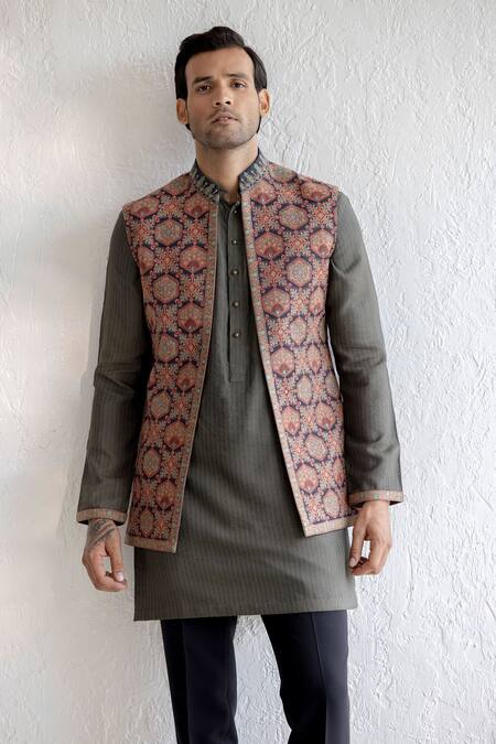 Buy_Qbik_Black Kurta Matka Silk, Nehru Jacket Embroidered Kashmiri, Juil And Set_Online_at_Aza_Fashions