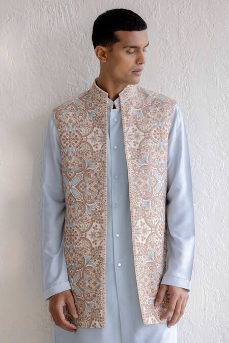 Buy_Qbik_Blue Silk, Viscose, Wool Embroidery Kashmiri Nehru Jacket And Kurta Set_Online_at_Aza_Fashions