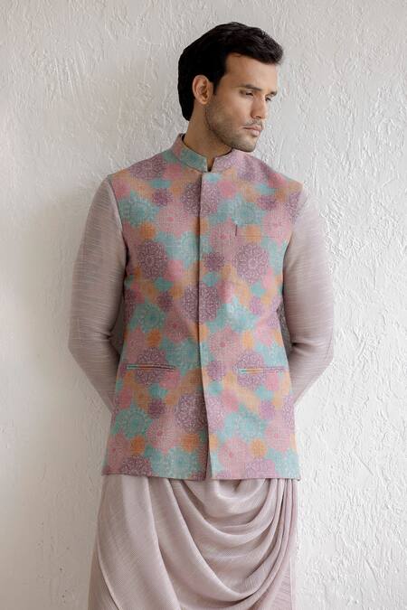 Buy Qbik Multi Color Georgette, Kota Doria Embroidery Floral Kashmiri Nehru Jacket Set Online at Aza Fashions Buy_Qbik_Multi Color Georgette, Kota Doria Embroidery Floral Kashmiri Nehru Jacket Set_Online_at_Aza_Fashions