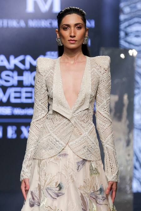 Buy Ritika Mirchandani Ivory Net Embroidery Bead Geneva Geometric Blazer And Lehenga Set Online at Aza Fashions Buy_Ritika Mirchandani_Ivory Net Embroidery Bead Geneva Geometric Blazer And Lehenga Set _Online_at_Aza_Fashions