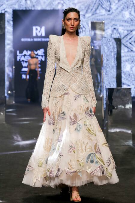 Shop Ritika Mirchandani Ivory Net Embroidery Bead Geneva Geometric Blazer And Lehenga Set Online at Aza Fashions Shop_Ritika Mirchandani_Ivory Net Embroidery Bead Geneva Geometric Blazer And Lehenga Set _Online_at_Aza_Fashions