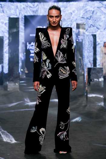 Shop Ritika Mirchandani Black Suede Beads, Diamonds Lina Flower Embroidered Blazer And Pant Set Online at Aza Fashions Shop_Ritika Mirchandani_Black Suede Beads, Diamonds Lina Flower Embroidered Blazer And Pant Set _Online_at_Aza_Fashions
