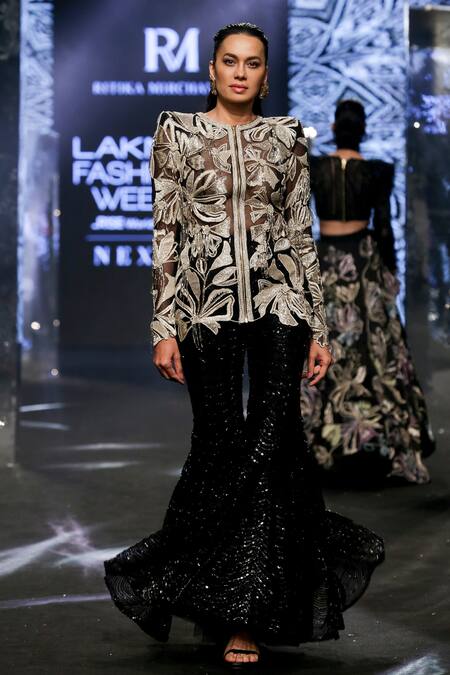 Ritika Mirchandani_Beige Net Embroidery Bead Nusa Abstract Floral Kurta And Sharara Set  _at_Aza_Fashions