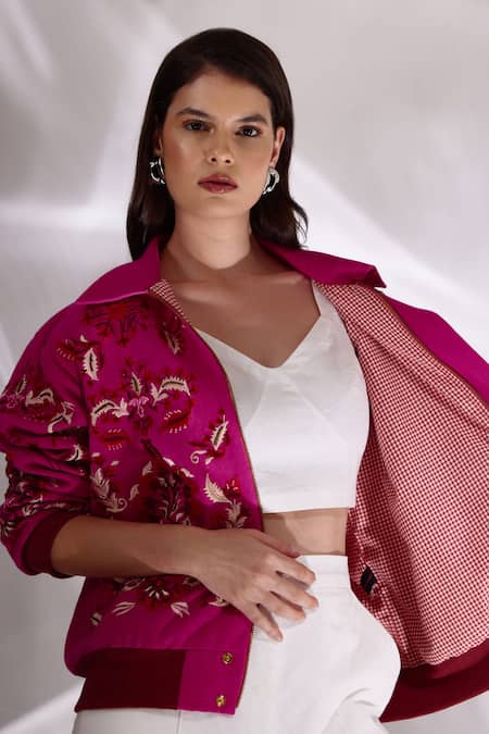 Betrue_Pink Embroidery Collared Floral Hand Bomber Jacket _Online_at_Aza_Fashions