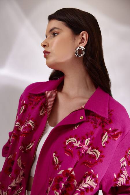 Shop_Betrue_Pink Embroidery Collared Floral Hand Bomber Jacket _Online_at_Aza_Fashions
