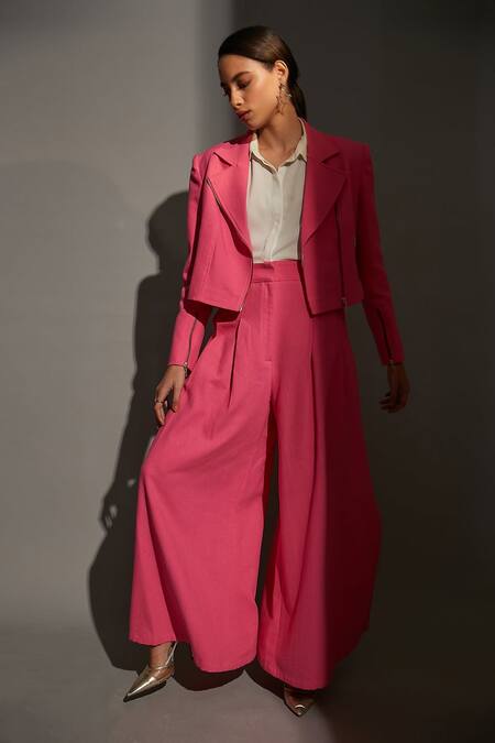 Betrue_Pink Cotton Notched Lapel Blazer And Palazzo Set _Online_at_Aza_Fashions