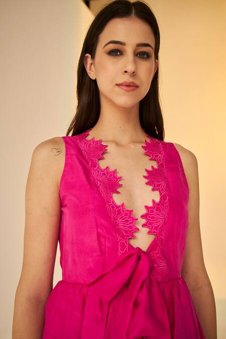 Betrue_Pink Silk Embroidery V-neck And Tiered Mini Dress _Online_at_Aza_Fashions