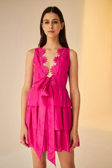 Buy_Betrue_Pink Silk Embroidery V-neck And Tiered Mini Dress _Online_at_Aza_Fashions