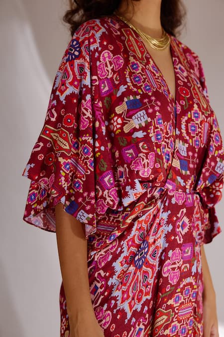Betrue_Red Cotton, Silk V-neck Kashan Print Draped Dress _Online_at_Aza_Fashions