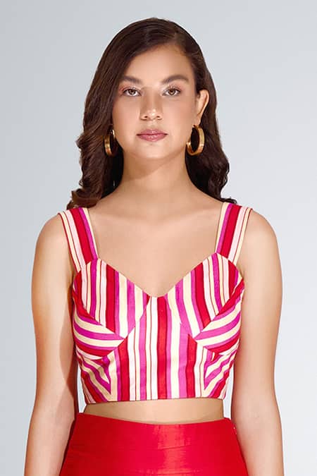 Betrue_Red Cotton, Silk V-neck Striped Bustier _Online_at_Aza_Fashions