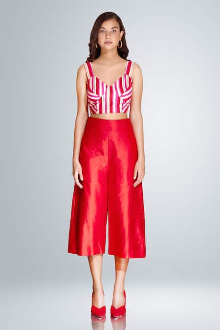 Buy_Betrue_Red Cotton, Silk V-neck Striped Bustier _Online_at_Aza_Fashions