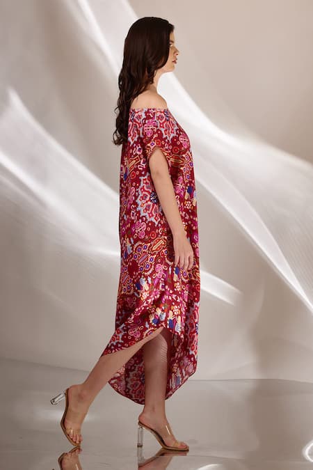 Buy_Betrue_Red Cotton, Silk Off-shoulder Kashan Print Dress _Online_at_Aza_Fashions