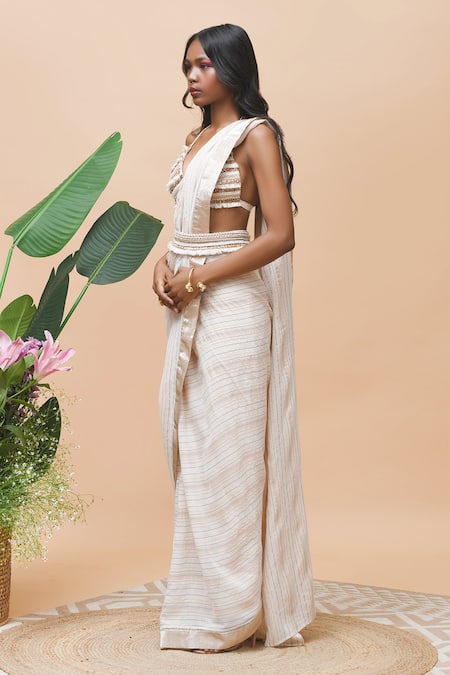 Buy_Rishi and Vibhuti_Pink Cotton Embroidery, Beads Halter Neck Delilah Pre-draped Saree With Bralette _Online_at_Aza_Fashions