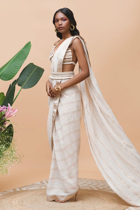 Shop_Rishi and Vibhuti_Pink Cotton Embroidery, Beads Halter Neck Delilah Pre-draped Saree With Bralette _Online_at_Aza_Fashions