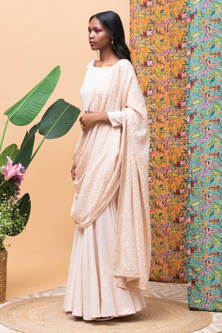 Buy_Rishi and Vibhuti_Gold Linen Sequins, Embroidery Boat Neck Kate Sharara Saree With Blouse _Online_at_Aza_Fashions