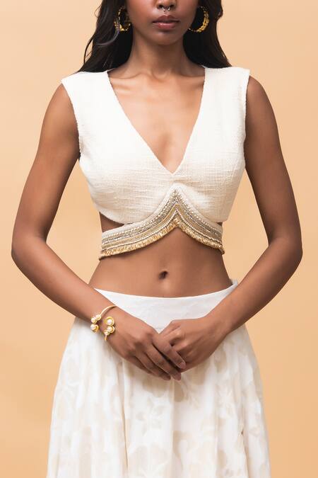 Rishi and Vibhuti_Ivory Cotton, Organza Beads, Embroidery V-neck Hazel Floral Pattern Skirt Set _Online_at_Aza_Fashions