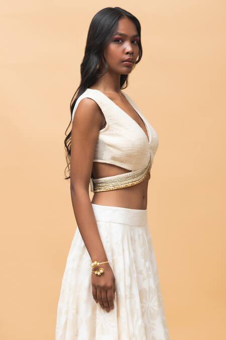Buy_Rishi and Vibhuti_Ivory Cotton, Organza Beads, Embroidery V-neck Hazel Floral Pattern Skirt Set _Online_at_Aza_Fashions