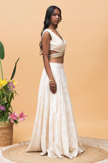 Shop_Rishi and Vibhuti_Ivory Cotton, Organza Beads, Embroidery V-neck Hazel Floral Pattern Skirt Set _Online_at_Aza_Fashions