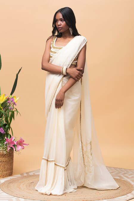 Rishi and Vibhuti Ivory Organza, Cotton Embroidery Carly Fringe Border Saree Online at Aza Fashions Rishi and Vibhuti_Ivory Organza, Cotton Embroidery Carly Fringe Border Saree _Online_at_Aza_Fashions