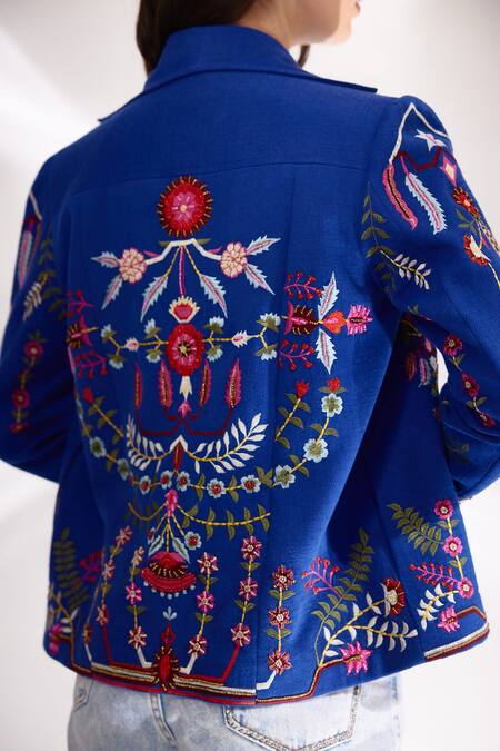 Betrue_Blue Handloom Cotton Embroidery Collared Floral Hand Biker Jacket _Online_at_Aza_Fashions