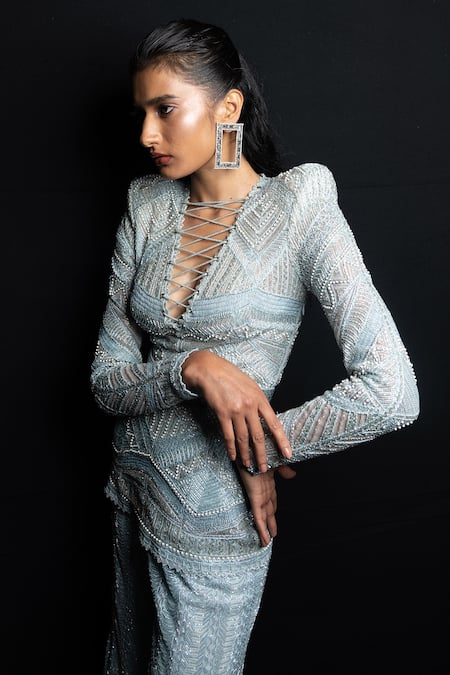 Buy Ritika Mirchandani Blue Net Embroidery Bead Criss Cross Mel Kurta And Sharara Set Online at Aza Fashions Buy_Ritika Mirchandani_Blue Net Embroidery Bead Criss Cross Mel Kurta And Sharara Set _Online_at_Aza_Fashions