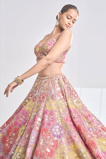 Seema Gujral_Brown Net Floral Sweetheart Neck Applique Work Bridal Lehenga Set _Online_at_Aza_Fashions