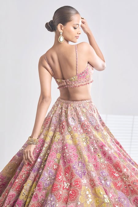 Buy_Seema Gujral_Brown Net Floral Sweetheart Neck Applique Work Bridal Lehenga Set _Online_at_Aza_Fashions